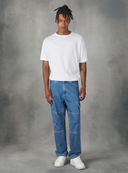 Denim Days D003 Medium Blue Cargo Jeans With Contrast Stitching Men
