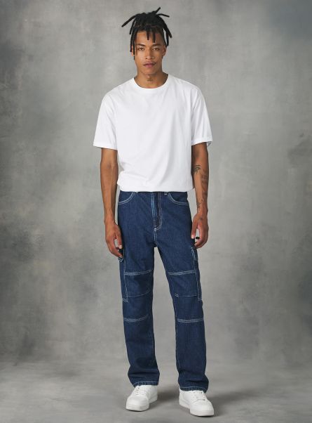 Men D001 Deep Blue Denim Days Cargo Jeans With Contrast Stitching