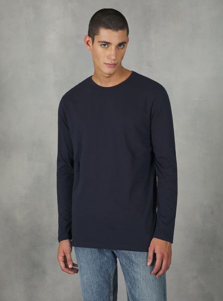 T-Shirt Long-Sleeved Cotton T-Shirt Bl1 Blue Dark Men