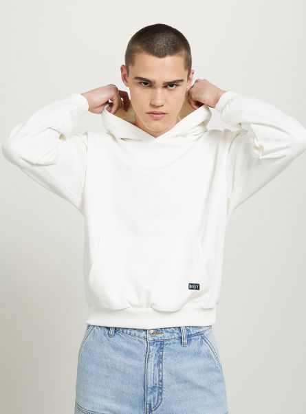 Men Wh2 White Sweatshirts Boxy Fit Hooded Sweatshirt