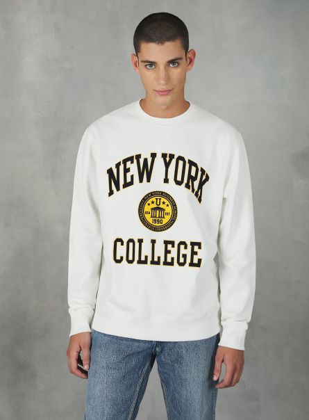 Wh2 White Crew-Neck Sweatshirt With College Print Men Sweatshirts
