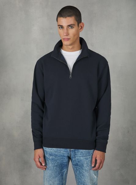 Plain-Coloured Half-Neck Sweatshirt Men Na1 Navy Dark Sweatshirts