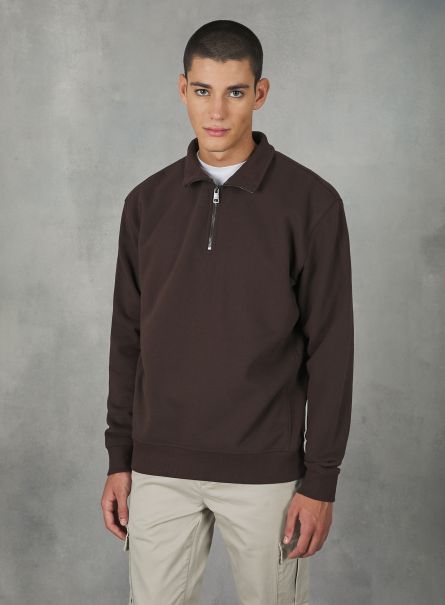 Men Br1 Brown Dark Sweatshirts Plain-Coloured Half-Neck Sweatshirt