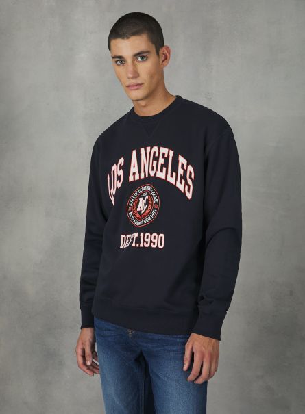 Crew-Neck Sweatshirt With College Print Men Sweatshirts Na1 Navy Dark