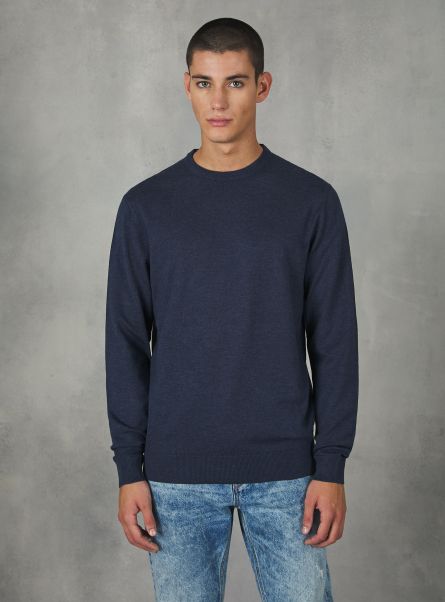 Round-Neck Pullover Made Of Sustainable Viscose Ecovero Men Sweaters Mna2 Navy Mel Med