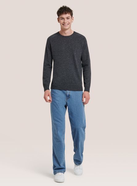 Wool Blend Crew-Neck Pullover Men Grey Melange Sweaters