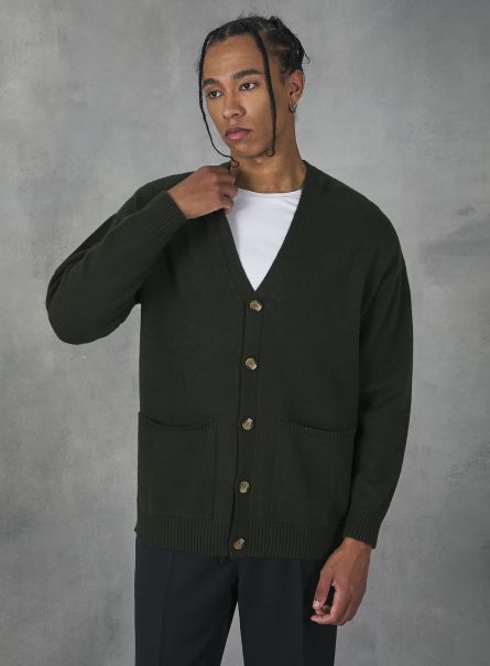 Men Cardigan Pullover With Buttons Sweaters Ky1 Kaky Dark