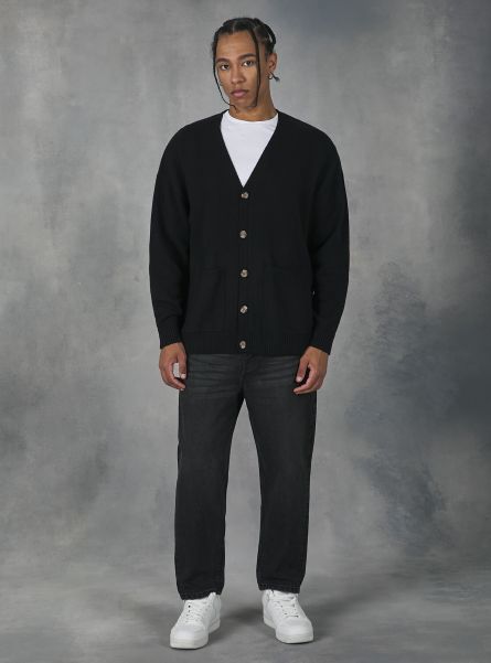 Bk1 Black Cardigan Pullover With Buttons Sweaters Men