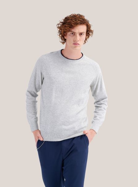 Round Neck Sweater With Contrasting Border Grey Melange Sweaters Men
