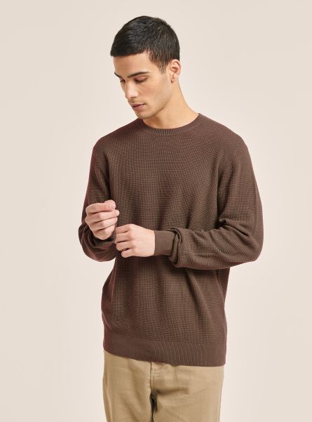 Sweaters Textured Cotton Crew Neck Pullover Br3 Brown Light Men