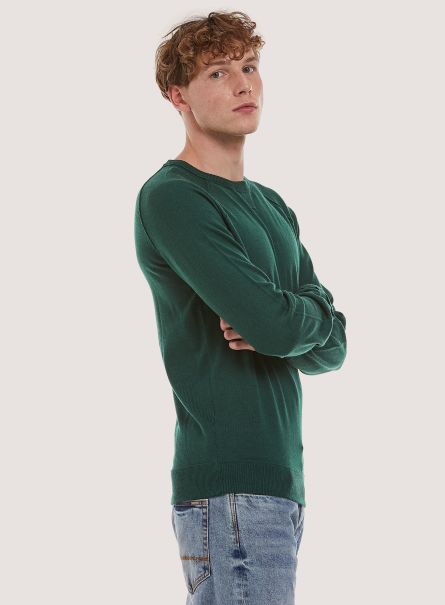 Men Gn1 Green Dark Sweaters Plain-Coloured Crew-Neck Pullover