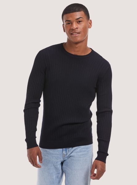 Solid-Coloured Ribbed Crew-Neck Pullover Sweaters Men Na1 Navy Dark