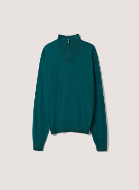 Men Sweaters Gn2 Green Medium Merino Wool Zip Half-Neck Pullover