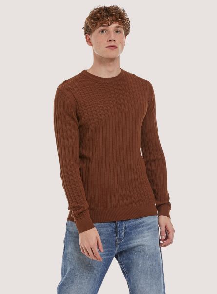 Men Sweaters Crew-Neck Pullover With Texture Tb1 Tobacco Dark