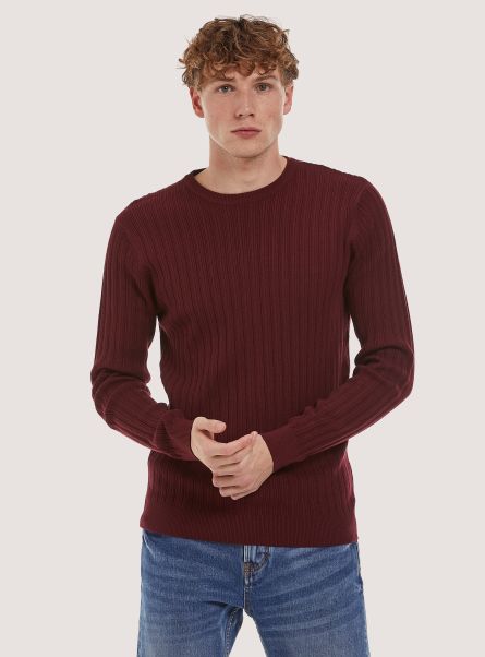 Bo2 Bordeaux Medium Crew-Neck Pullover With Texture Men Sweaters