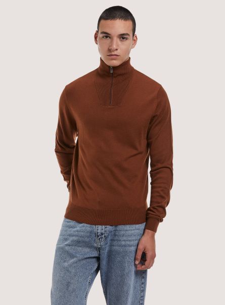 Sweaters Men Merino Wool Zip Half-Neck Pullover Tb1 Tobacco Dark