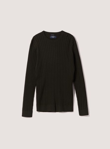Crew-Neck Pullover With Texture Men Sweaters Ky1 Kaky Dark