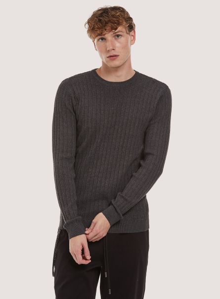 Men Sweaters Mgy1 Grey Mel Dark Crew-Neck Pullover With Texture