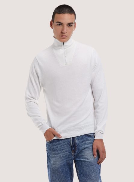 Sweaters Men Merino Wool Zip Half-Neck Pullover Wh2 White