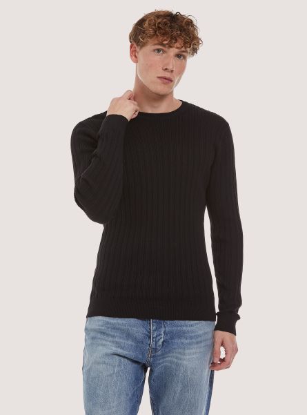 Sweaters Men Bk1 Black Crew-Neck Pullover With Texture