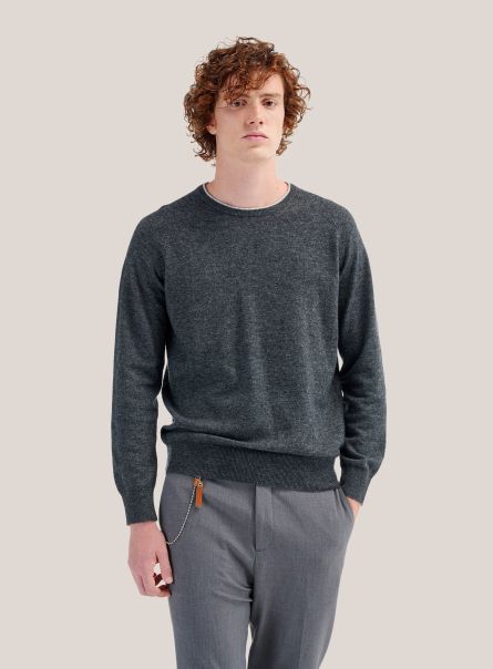 Grey Melange Sweaters Men Round Neck Sweater With Contrasting Border