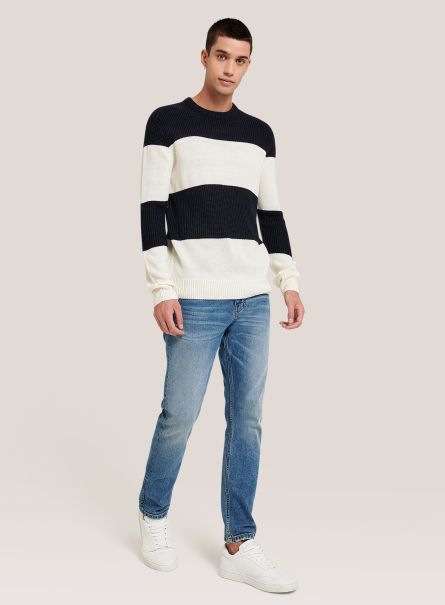 Men Blue Navy Crew-Neck Pullover In Striped English Ribbing Sweaters