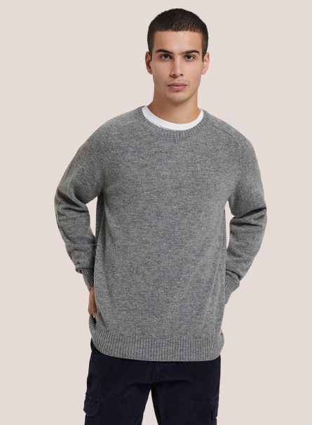 Wool Blend Crew-Neck Pullover Grey Melange Sweaters Men
