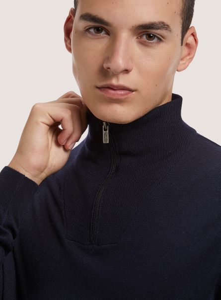 Men Sweaters Na1 Navy Dark Merino Wool Zip Half-Neck Pullover