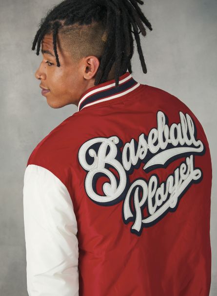 Men Rd2 Red Medium College-Style Bomber Jacket With Recycled Padding Jackets