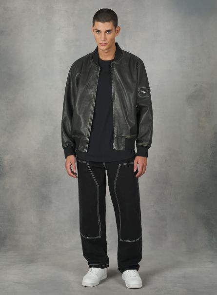 Jackets Men Bk3 Black Charcoal Distressed Leather Effect Bomber Jacket