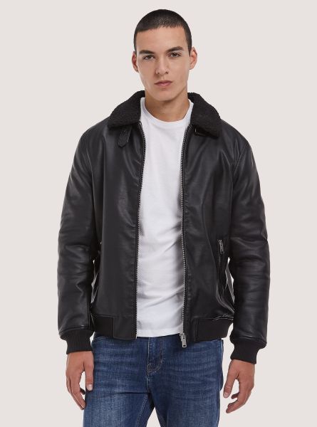 Black Jackets Leather-Effect Bomber Jacket With Lambskin Collar Men