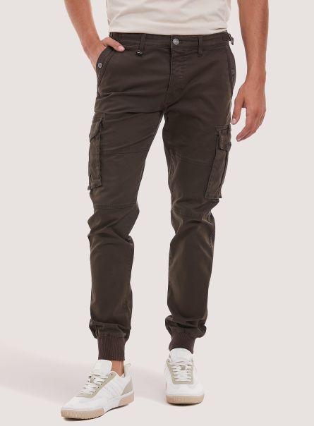 Br1 Brown Dark Cotton Cargo Trousers With Elastic Band Men Trousers