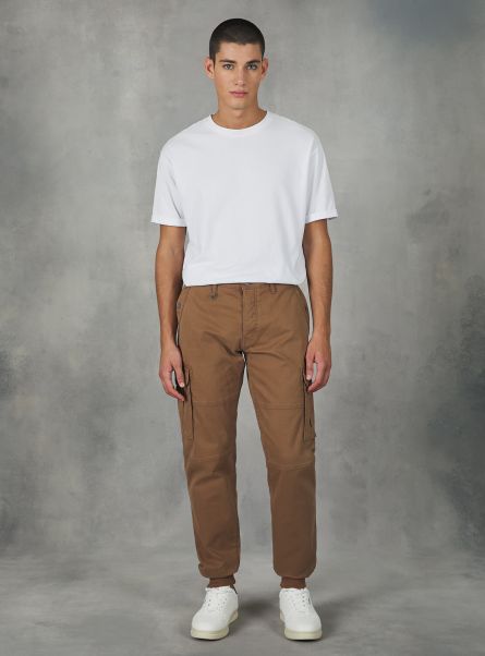 Trousers Cotton Cargo Trousers With Elastic Band Br2 Brown Medium Men