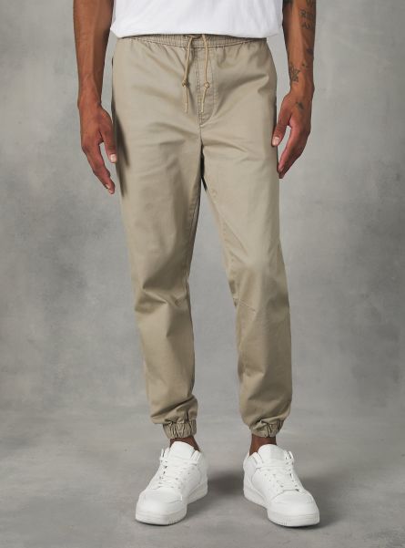 Trousers Men Bg1 Beige Dark Cotton Jogger Trousers With Elastic Band And Drawstring
