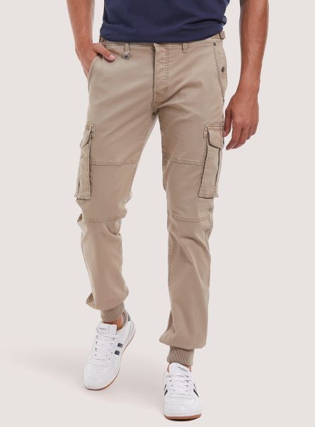 Men Trousers Cotton Cargo Trousers With Elastic Band Bg3 Beige Light