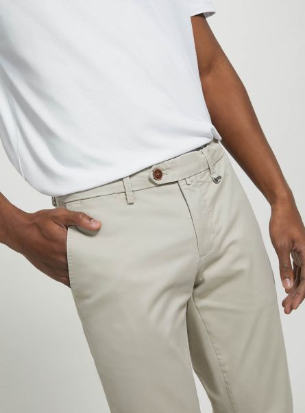 Beige Men Trousers Stretch Cotton Twill Chinos