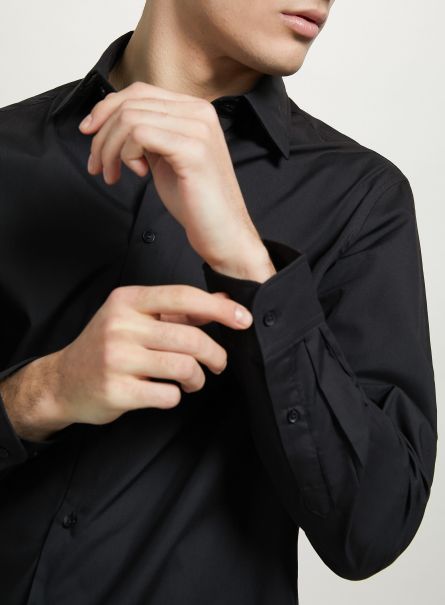 Shirts Plain-Coloured Long-Sleeved Shirt Men Bk1 Black