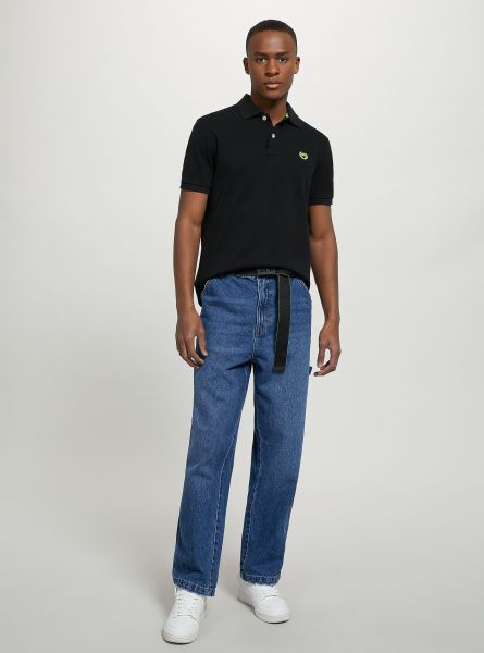 Bk1 Black Men Cotton Piqué Polo Shirt With Embroidery Polo