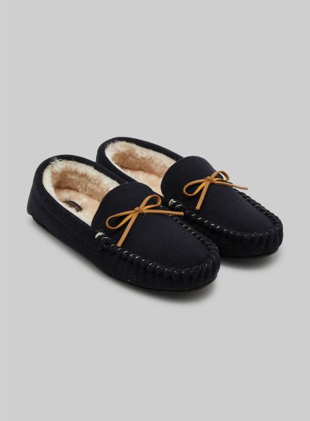 Na1 Navy Dark Moccasin-Style Slippers With Faux Fur Lining Shoes Men