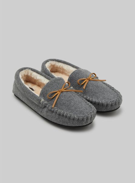 Men Shoes Moccasin-Style Slippers With Faux Fur Lining Gy2 Grey Medium