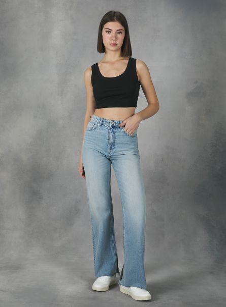 Women Straight Fit Jeans With Split In Stretch Denim D006 Azure Denim Days