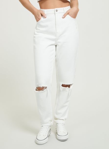 D099 White Mom Fit Jeans With Rips Women Denim Days