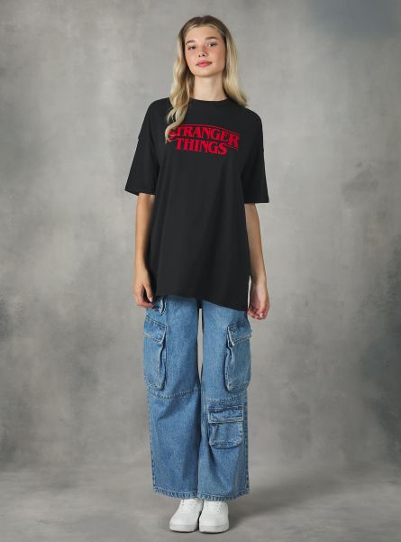 Bk1 Black T-Shirt Women Stranger Things / Alcott Oversized T-Shirt