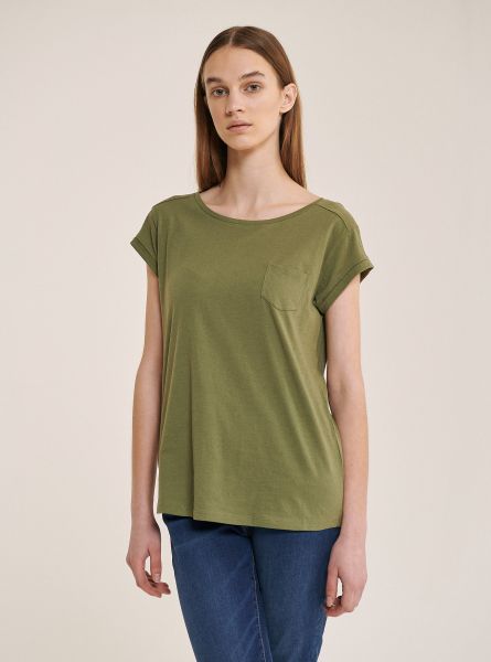 C0606 Kaky Basic Cotton T-Shirt With Breast Pocket Women T-Shirt