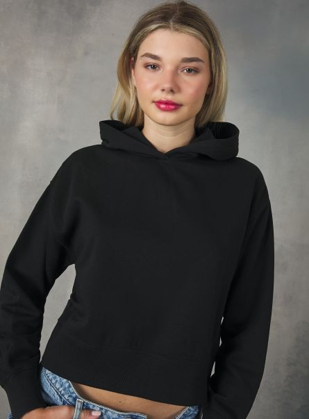 Women Cropped Sweatshirt With Comfort Fit Hood Sweatshirts Bk1 Black