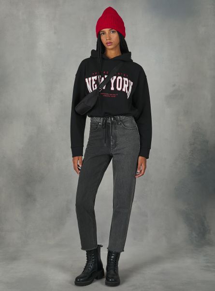 Women Bk1 Black Sweatshirts Cropped College Sweatshirt With Drawstring At Hem