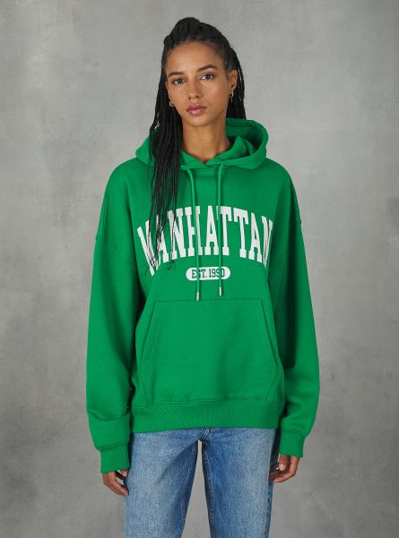 Women Gn2 Green Medium Sweatshirt With College Print And Hood Sweatshirts