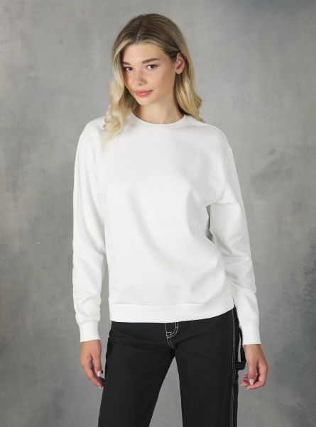 Women Plain-Coloured Cotton Crew-Neck Sweatshirt Sweatshirts Wh2 White