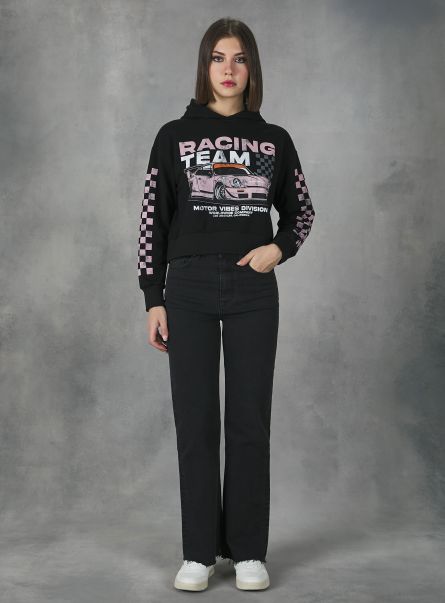 Women Hoodie With Racing Print Sweatshirts Bk1 Black