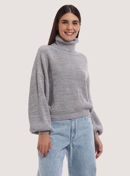 Sweaters Women Pearl High-Necked Comfort Fit English Rib Pullover